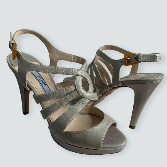 PRADA Heels Size 38 Calzatore Donna Grey Leather Slingback Sandals - Picture 2 of 16